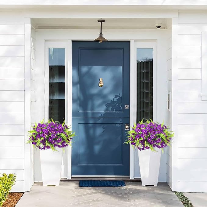 Spring Artificial Flowers Outdoors 12 Bundles Artificial Petunias Fake Flowers UV Resistant Shrubs Plants with Fern for Indoor Outside Hanging Planters Home Garden Decorations (Light Purple)