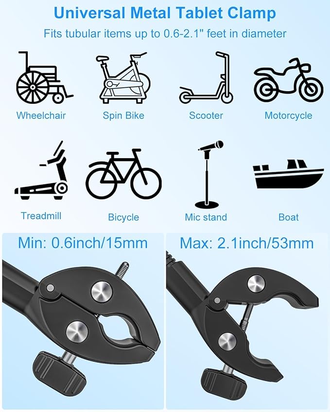 Gooseneck Tablet Holder with Flexible Long Arm, Anti-Slip iPad Clamp Mount for Treadmill/Spin Bike/Stroller/Wheelchair/Elliptical/Boat/Mic Stand/Peloton/Indoor Cycle, Fits 4-13" Device