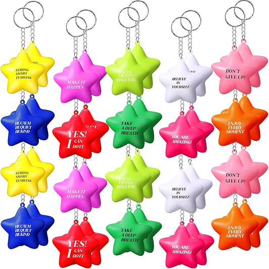 Zomiboo 20 Pcs Motivational Stress Balls Bulk Keychain Foam Star with Relief Quotes Employee Appreciation Gift for Relieve Anger