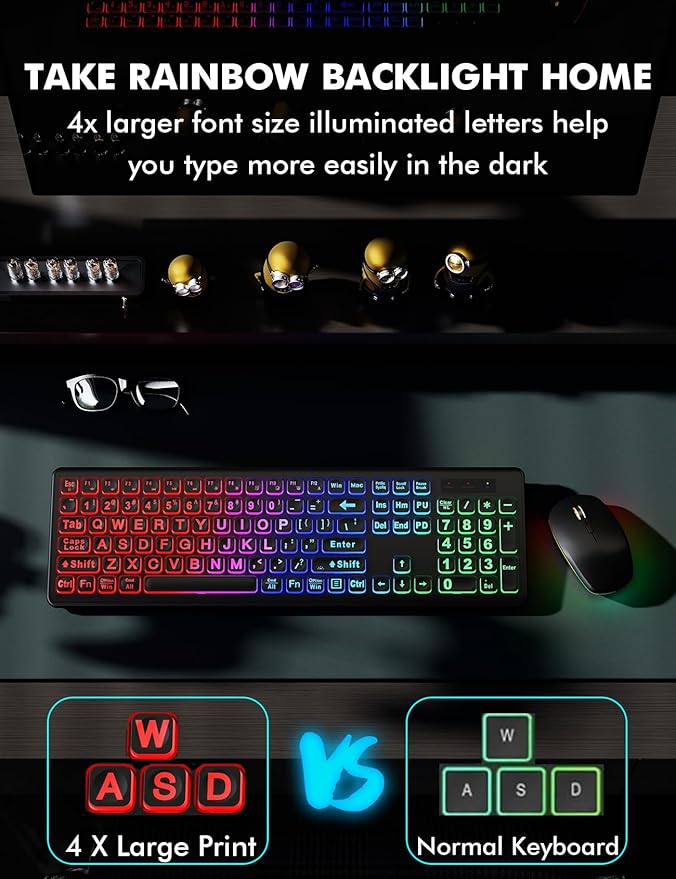 Wireless Keyboard and Mouse Combo - Large Print, RGB Backlit, Oversize Light Up Letters, Rechargeable, Ergonomic Tilt Leg, Sleep Mode, 2.4GHz Quiet Keyboard Mouse for Mac, Windows, Laptop, PC, Trueque