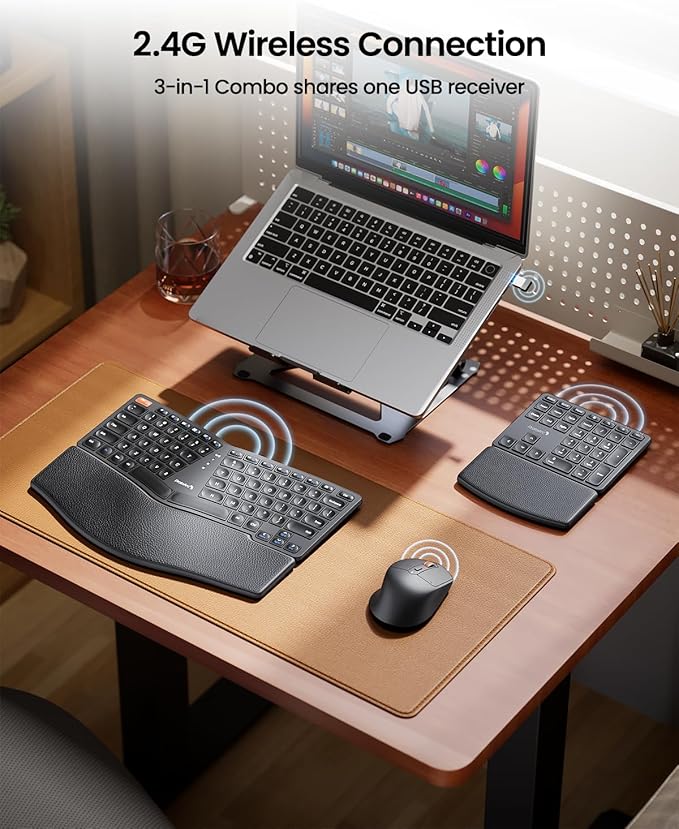 ProtoArc Ergonomic Keyboard Mouse, EKM04 2.4GHz Wireless Ergo Keyboard Mouse Combo with Separate Numeric Keypad, Split Design, Hard Wrist Rest, Rechargeable, for Windows Desktop/PC/Laptop