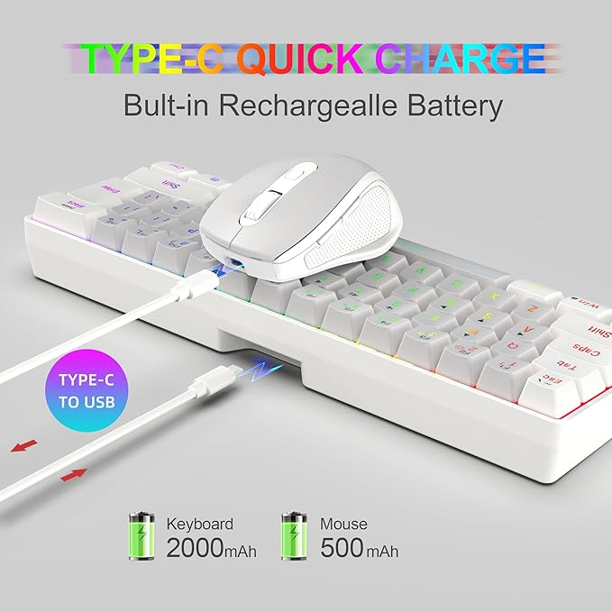 Snpurdiri 2.4G Wireless Gaming Keyboard and Mouse Combo, Include Mini 60% Mechanical Feel RGB Backlit Keyboard, Ergonomic Vertical Feel Small Wireless Mouse(White and Grey)