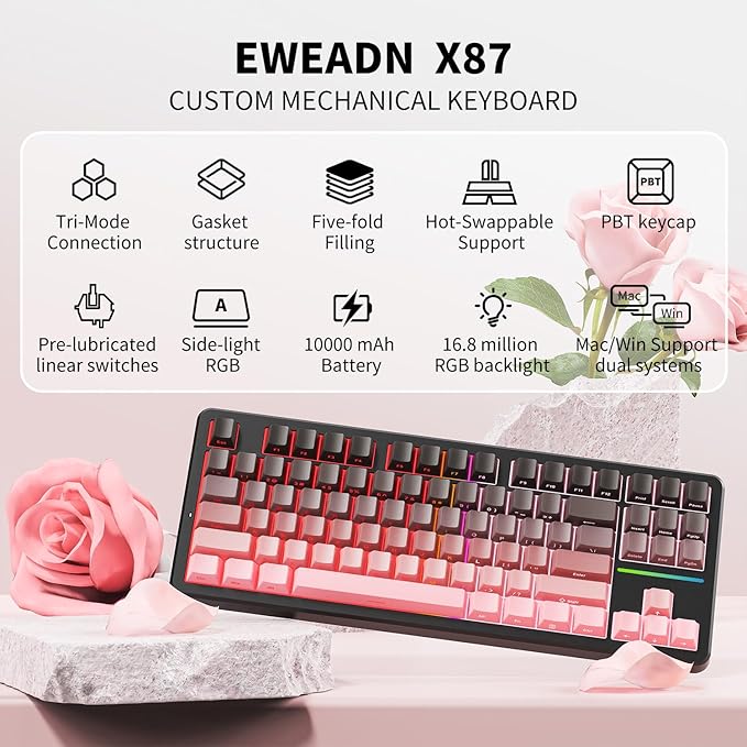 EWEADN X87 Wireless Mechanical Keyboard ASMR,80% Tri-Mode BT5.0/2.4GHz/USB-C Hot Swappable Custom Keyboard,5000mAh battery, Gasket Structure, RGB Backlit,Side Printed Gaming Keyboards-Black Berry pink