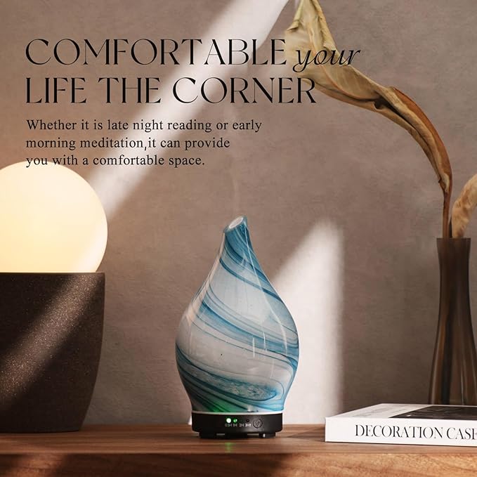 Porseme 150ml Essential Oil Diffuser Glass Color Changing Aroma Air Diffusers Aromatherapy Ultrasonic Cool Mist Humidifier 6 Running Hours Waterless Auto-Off for Sleeping Yoga Office Spa (Blue Ink)