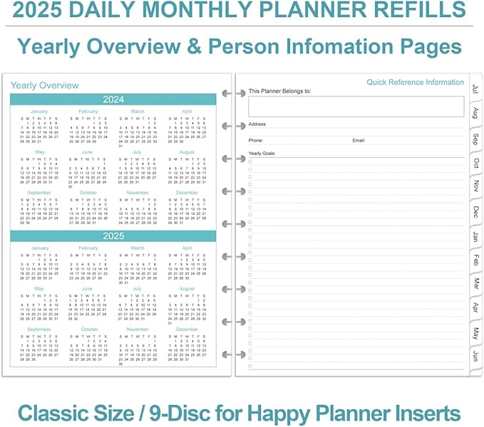 2025 Planner Refills for 9-Disc Disbound Pre-punched Happy Planners Inserts - One Page Per Day, January 2025 to December 2025, Prioritized, To-Do List, Appointment Schedule, 7" x 9.25"