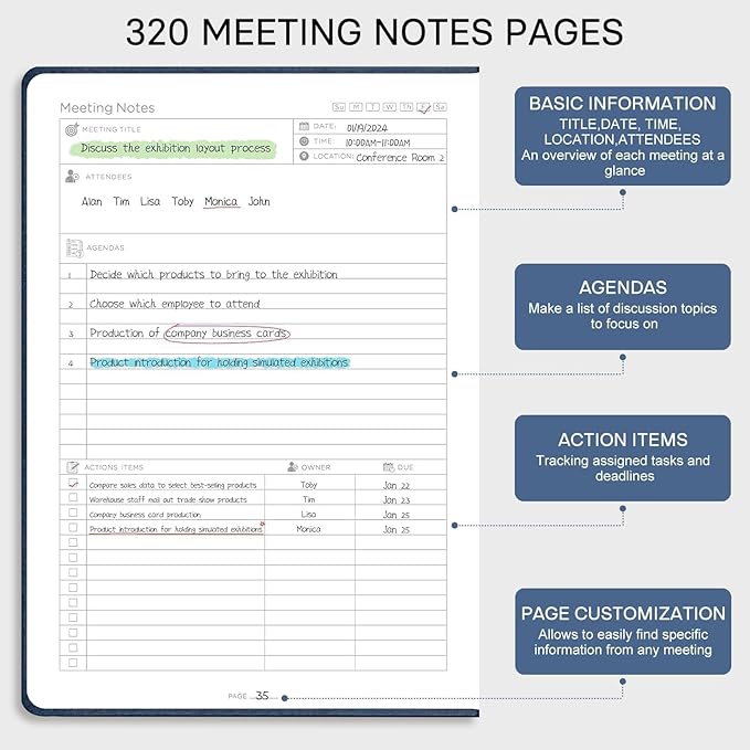 EMSHOI Meeting Notebook for Work with Action Items - 320 Pages B5 Thick Project Planner Agenda Organizer Work Notebook for Women Men Office Business Notes, PU Leather Hardcover, 7.5" x 10", Blue