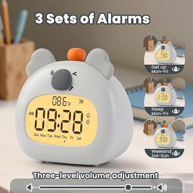 Koala Alarm Clock with Night Light for Kids – Cute Digital Sleep Trainer with LED Display, 3 Alarms, Countdown Timer, Adjustable Brightness – Rechargeable Bedside Clock for Boys and Girls