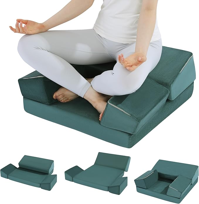 HOMBYS Large Meditation Cushion Foam Meditation Pillows for Sitting on Floor, Yoga Pillow for Adult, Meditation Mat with 2 Knee Cushions and Hip Support-3 Shapes for Different People, Green