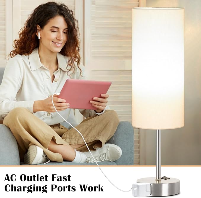 ZJOJO Table Lamp for Bedroom 2 Pack,18in Bedside Lamps with 3 Way Dimmable Rocker Switch & AC Outlet,Nightstand Desk Lamp with White Fabric Shade Nickel Basee for Living Room Home Decor Lights