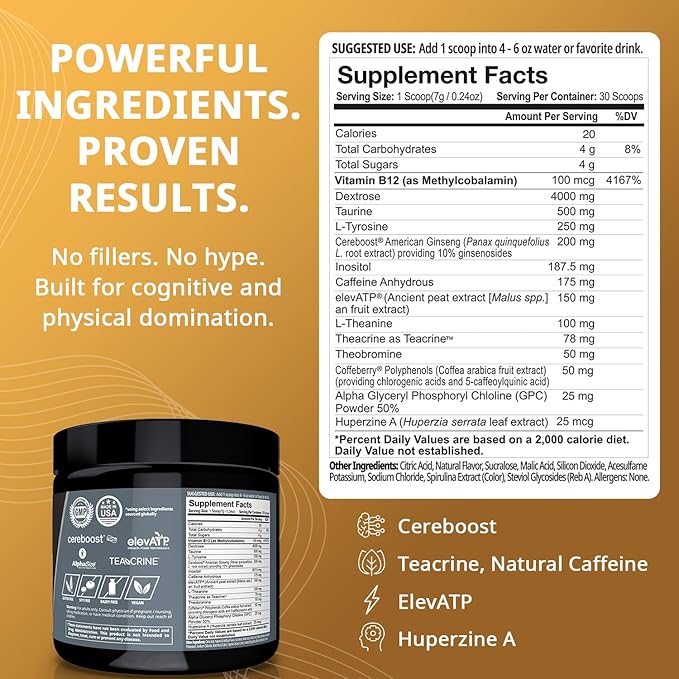 Granite Nutrition GigaBrain Nootropic Energy Powder – Cereboost, Alpha-GPC & ElevATP – Cognitive Focus Supplement for Sustained Energy & Performance – White Peach, 30 Servings