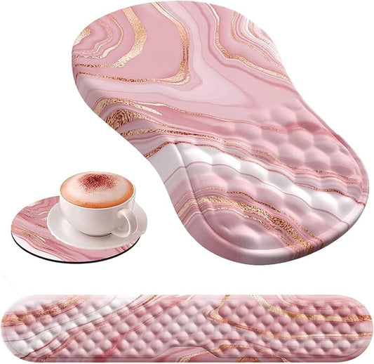 HAOCOO Keyboard Wrist Rest, Ergonomic Mouse Pad with Wrist Rest, 3 in 1 Keyboard and Mouse pad with Coaster Set, Memory Foam Wrist Support, Non-Slip PU Base for Home Office, Rose Gold Pink