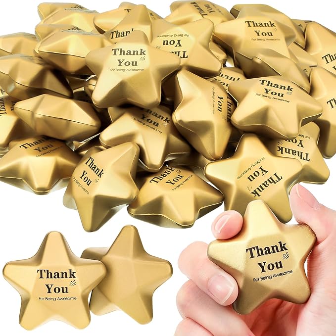 Deekin 36 Pieces Star Stress Balls Mini Foam Ball Stress Relief Toys for Teens and Adults Student Bag Fillers, Gold(Thank You,1.6 Inch)