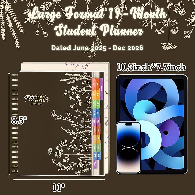 Jun 2025-Dec 2026 Academic Monthly Weekly Daily Planner for School, 19 Months Calendar 25-26 Planning Book with Colorful Tabs, 8.5" x 11" Mid Year College Organizer for Student Teacher (Bistre)