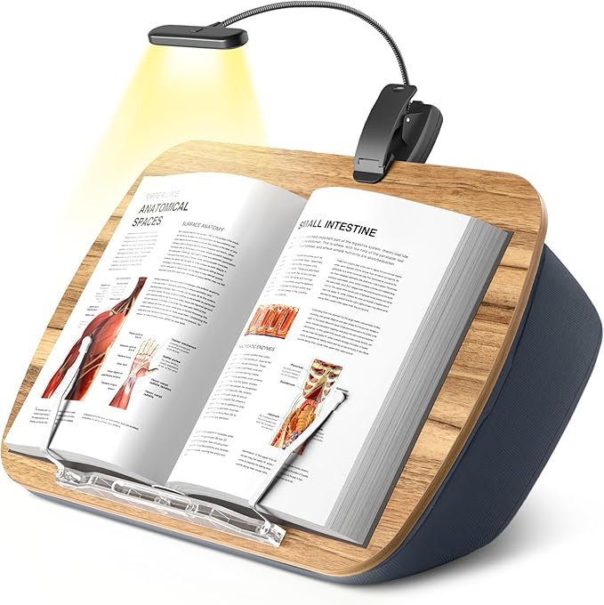 Beanbag Pillow Stand With 6500K Reading Light, Hands Free Holder, Comfortable Lap Stand for Reading in Bed, Desk, or Sofa, Wooden Rest for Book Lovers, AAA Battery Required