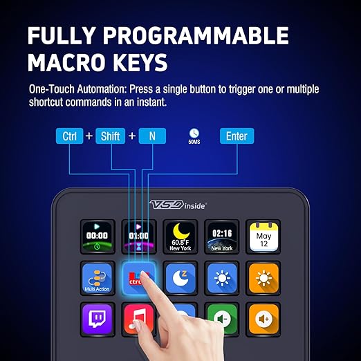 VSDINSIDE Macro Keypad, Stream Controller Deck Gaming Streaming Shortcut Keyboard, 18 Programmable Keys Customizable Visual AI Pad USB Soundboard for OBS, YouTube, Desk Office Setup, Laptop, PC, Mac