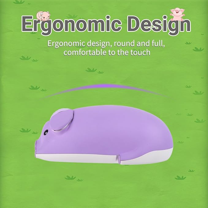 Cute Pig Design Wireless Mouse - Dual Mode Bluetooth & USB, Silent Operation, Ergonomic, Ideal for Laptops & PCs, for Animal Lovers and Family (Purple)