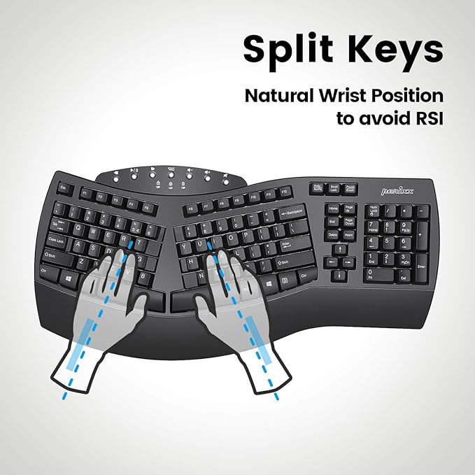 Perixx Periboard-612B Wireless Ergonomic Split Keyboard with Dual Mode 2.4G and Bluetooth Feature, Compatible with Windows 10 and Mac OS X System, Black, US English Layout