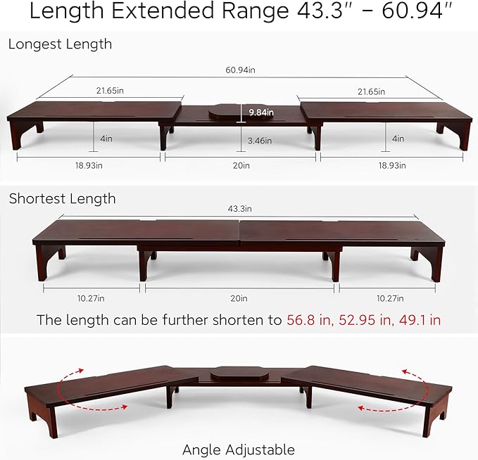 Nnewvante Monitor Stand Riser, Upgrade Height Large TV Riser, 60 inch Large Bamboo Dual Monitor Stand for Desk, 3 Shelves Desktop Screen Riser with Adjustable Length Angle for Computer Laptop Walnut