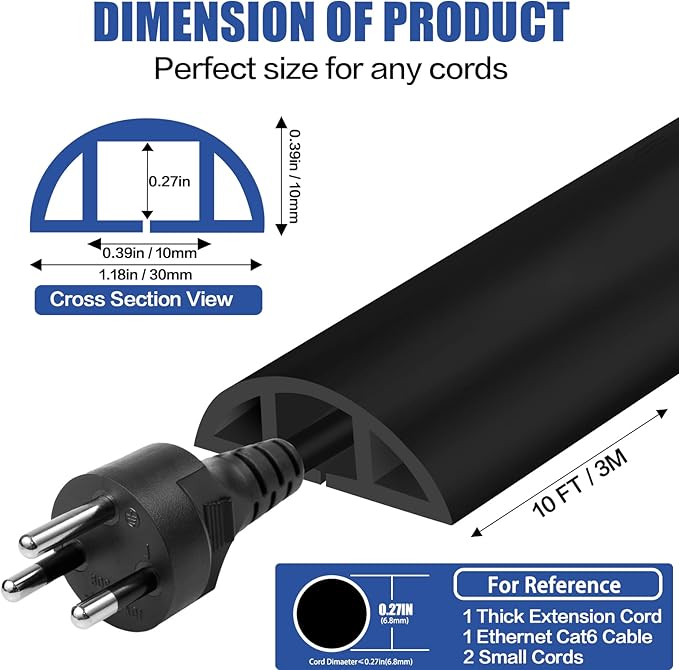 Floor Cord Cover Self Adhesive Cord Hider,10FT Cable Management, Extension Strip Protector for Wires, Prevent Cable Trips for Offices, Gyms, Exhibitions Cavity:0.39"(W) x 0.27"(H) Black