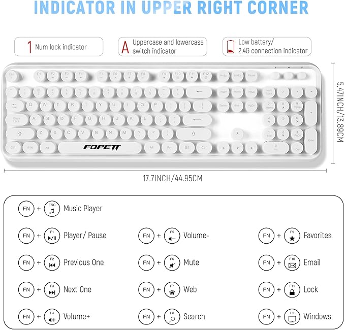 FOPETT Wireless Keyboard and Mouse Combo - 2.4G Full-Sized White Keyboard with Round Keycaps 104 Keys Typewriter Keyboard for Laptop/Windows/PC - White