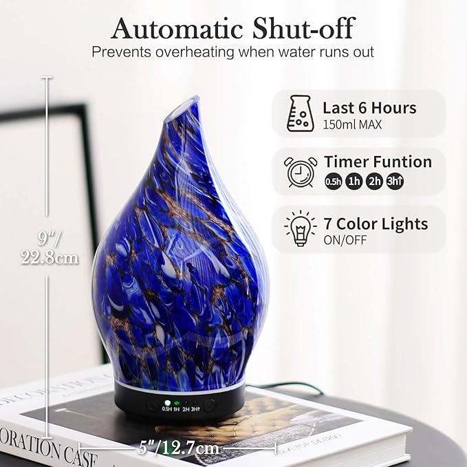 Porseme 150ml Essential Oil Diffuser Glass Color Changing Aroma Air Diffusers Aromatherapy Ultrasonic Cool Mist Humidifier 6 Running Hours Waterless Auto-Off for Sleeping Yoga Office Spa (Deep Blue)