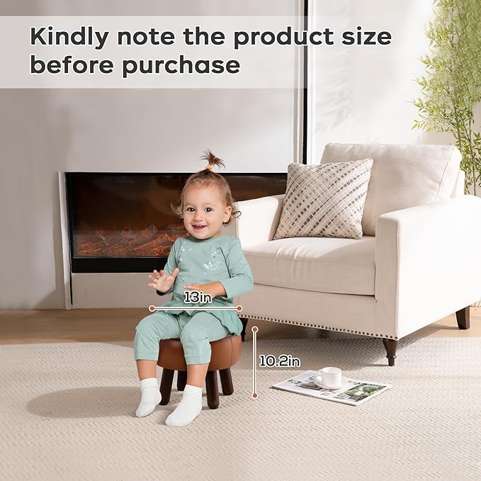 Small Foot Stool, Round Faux Leather Pouf Ottoman Foot Rest, Footstool Ottomans with Rubber Legs Under Desk, 13''L x 13''W x 10.2''H, Footrest for Couch, Living Room, Bedroom, Hallway, Brown