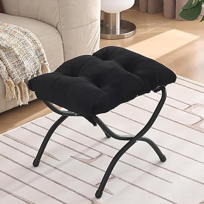Welnow Folding Foot Stool, Upholstered Small Accent Ottoman with Detachable Thick Cotton Cushion Padded Sofa Stool and Metal Frame for Lazy Chair, Living Room, Bedroom, Plush Black