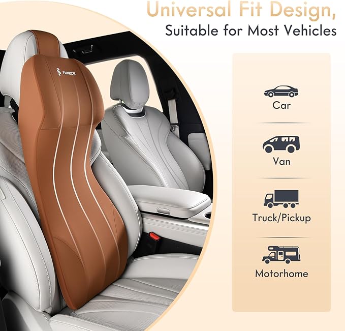 FLORICH Car Seat Lumbar Support with Headrest Pillow Memory Foam Car Lumbar Pillow Back Support Cushion 2-in-1 Ergonomic Back Rest Pillow & Car Neck Pillow for Driving Tailbone Pain Relief, Brown