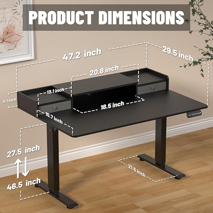 48 x 30 Inch Electric Standing Desk with 2 Drawers, Adjustable Height Widened Stand Up Desk with Storage, Sit to Stand Ergonomic Workstation for Home Office, Classic Black