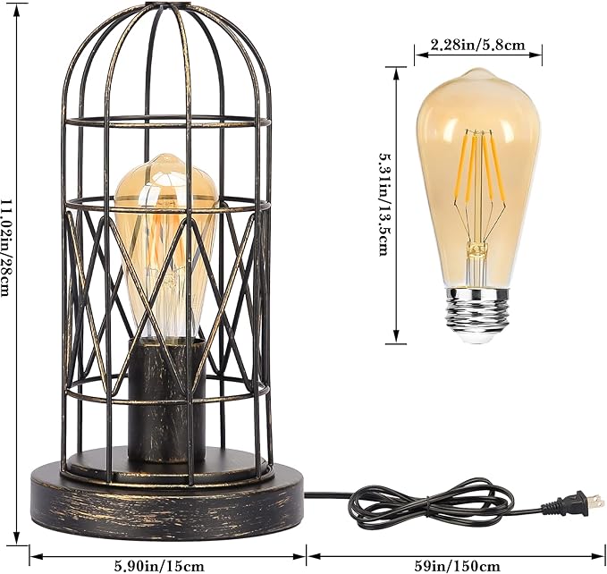 Industrial Table Lamp, Small Touch Lamp with Rustic Cage Vintage Bedside Lamp 3 Way Dimmable Nightstand Lamp Edison Desk Lamp for Bedroom, Living Room, Hallway, Entryway, Kitchen, 4W LED Bulb Included