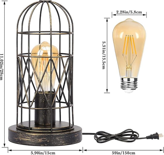 Industrial Table Lamp, Small Touch Lamp with Rustic Cage Vintage Bedside Lamp 3 Way Dimmable Nightstand Lamp Edison Desk Lamp for Bedroom, Living Room, Hallway, Entryway, Kitchen, 4W LED Bulb Included