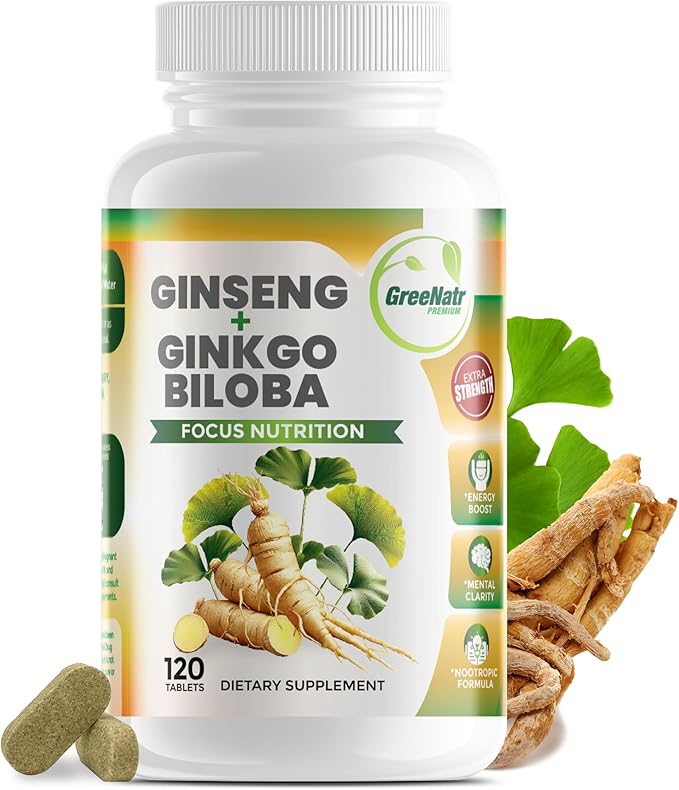 Ginko Biloba & Panax Ginseng Supplement - Red Ginseng Brain Supplement for Memory and Focus - Ginkgo Biloba Supplements for Good Vision, Immune System and Improved Blood Flow - 120 Tablets