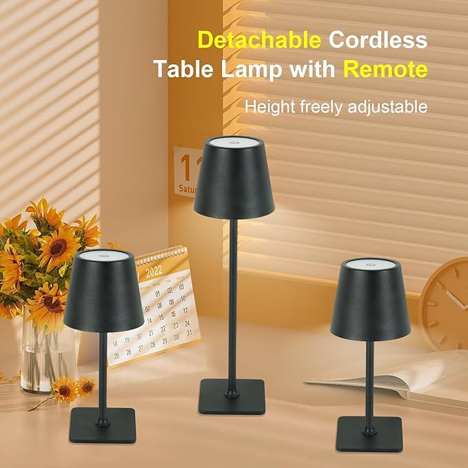 Cordless Table Lamp with Timer, Czgor Rechargeable 5200mAh Battery Operated Lamp with Remote, Adjustable Height, 3-Color Stepless Dimming, Small LED Table Lamp for Bedroom Dining Office Outdoor(Black)