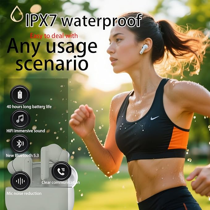 True Wireless Earbuds Bluetooth 5.3 Mic Noise Cancelling IPX7 Waterproof Hi-Fi Stereo Sound Long Battery Auto Pairing (Off-White)
