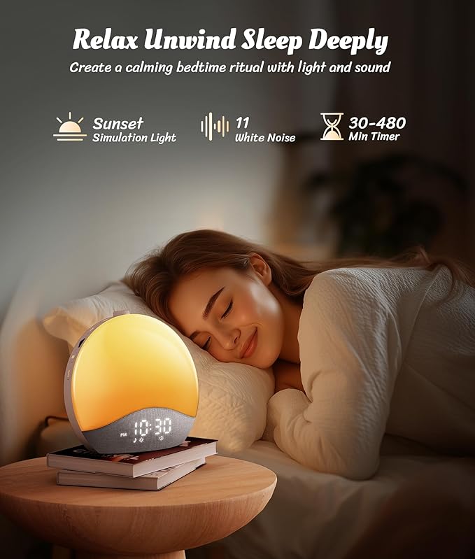 ecozy Sunrise Alarm Clock, White Noise Sound Machine, Upgraded Backlit Buttons for Bedrooms, 26 Soothing Sounds, 17 Night Lights, Bluetooth Speaker, Wake Up Sunlight for Heavy Sleepers, Adults, Kids