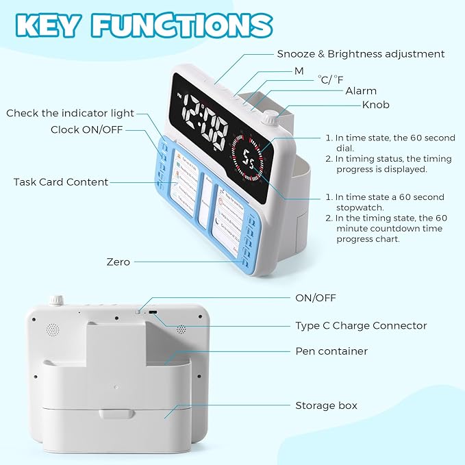7-in-1 Visual Timer for Kids & Adults with Task Planner – ADHD Time Management Tool with Alarm, Countdown, Calendar, Temperature Display & Storage – Ideal for Home, School (Blue)