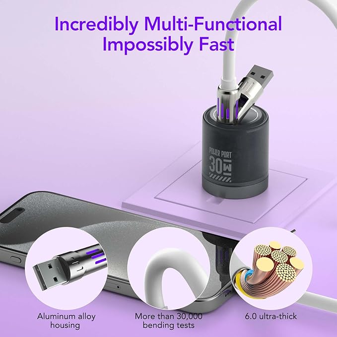 MFish 4-in-1 Universal USB Charging Cable with Carrying Case – 240W Max Fast Charger Cord, USB-A, Dual USB-C & Lighting, for iPhone 14/15/16/17 Series, iPad & MacBook and More (White, 6.6Ft)