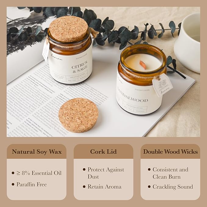 Scented Candle, 7.05 oz Citrus & Sage Aromatherapy Candle, Natural Soy Wax with Wooden Wick, Candles for Home Scented, Stress Relief Amber Jar Candle Gifts