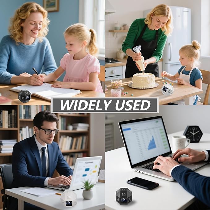 Mini 12-Sided Cube Timer with preset countdowns of 1-3-5-10-15-20-25-30-45-60-90 Minutes, a Rechargeable time Management Efficiency Tool Suitable for ADHD Management, Study and Cooking (Black)