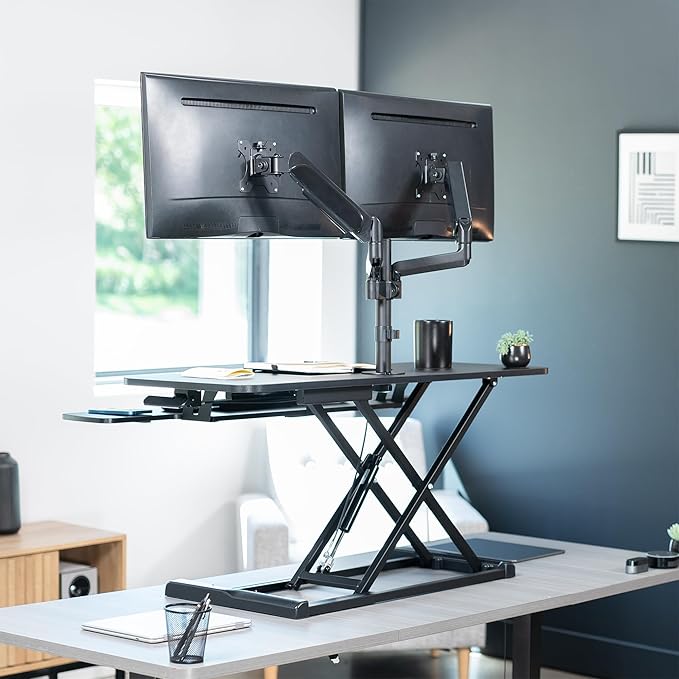 VIVO 42 inch Standing Desk Converter with Dual Monitor Mount for up to 32 inch Screens, Height Adjustable Riser with Pneumatic Spring Arms, Black, DESK-KIT-042K2K