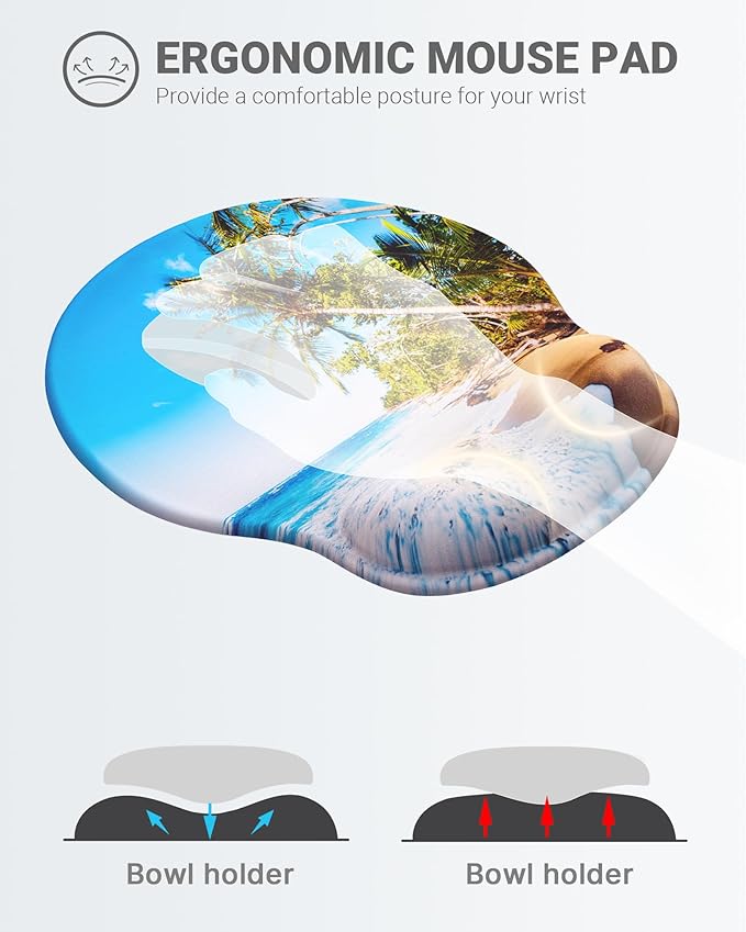 Ergonomic Mouse Pad Wrist Support, Comfortable Mouse Pad Wrist Rest, Relieve Wrist Pain Gel Mouse pad, Non-Slip Rubber Base Mousepad for Laptop, Computer(Beach)