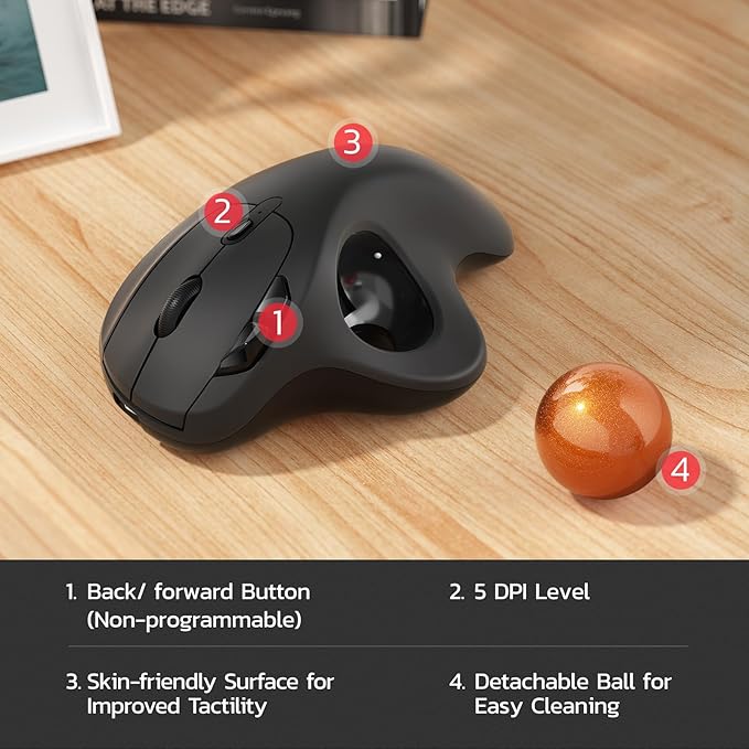 Nulea M501 Wireless Trackball Mouse, Rechargeable Ergonomic, Easy Thumb Control, Precise & Smooth Tracking, 3 Device Connection (Bluetooth or USB Receiver), Compatible for PC, Laptop, Mac, Windows.