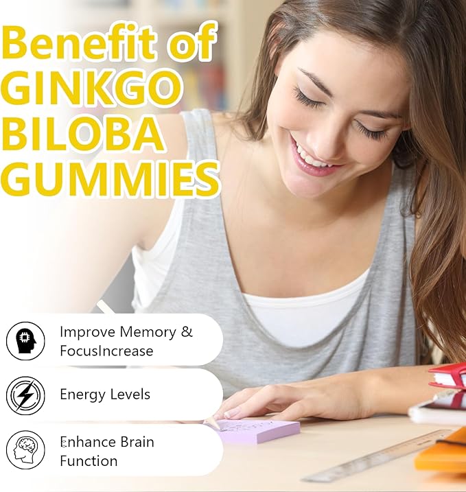 1 Pack 2000mg Ginkgo Biloba Gummies - Ginkgo Biloba Supplements for Brain Health Support, Improve Mood and Focus, Energy, Adult, Strawberry Flavor, 60 Count