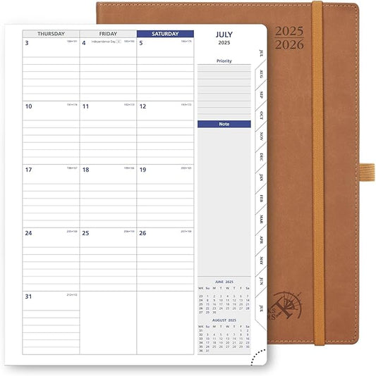 POPRUN Monthly Planner 2025-2026, Large-8.5'' x 11.25'', 13-Monthly Calendar Book (July 2025-July 2026) Academic Calendar Planner with Stair Tabs, PU Leather Soft Cover, 100GSM - Brown
