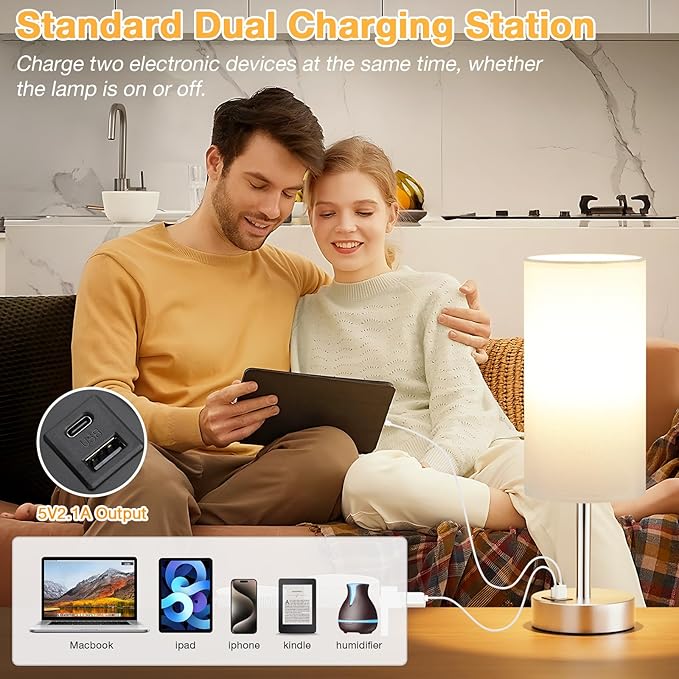 White Touch Bedside Lamp with USB - 3 Way Dimmable Table Lamp for Bedroom, Nightstand Lamp with Nickel Charging Station and Silver LampHolder for Dorm Kids Room, Small