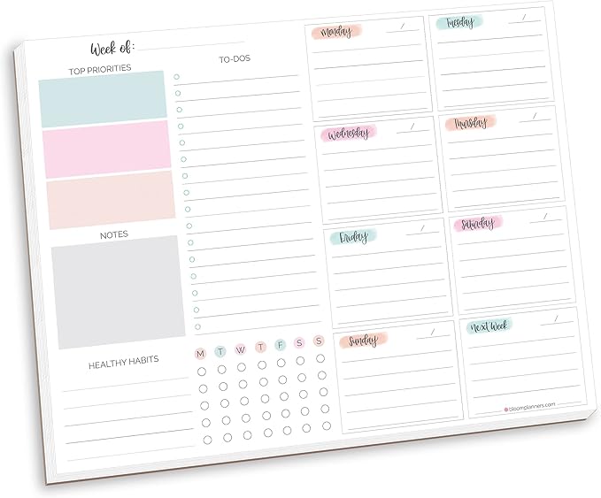 bloom daily planners Horizontal Weekly To Do List Notepad with 60 Undated Sheets - Weekly Desk Planner or Chore Pad with Priorities & Habit Tracker - 8.5” x 11” - Pastel