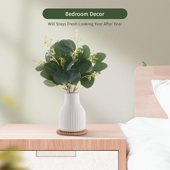 Artificial Eucalyptus Greenery Stems in Ceramic Vase,10Pcs Fake Plants Eucalyptus Leaves faux Plants for Centerpiece Table Decorations Home Room Decor office desk decor Greenery Decor indoor (White)