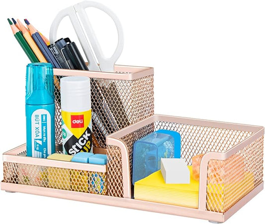 deli Mesh Desk Organizer Office Supplies Caddy with Pencil Holder and Storage Baskets for Desktop Accessories, 3 Compartments, Gold