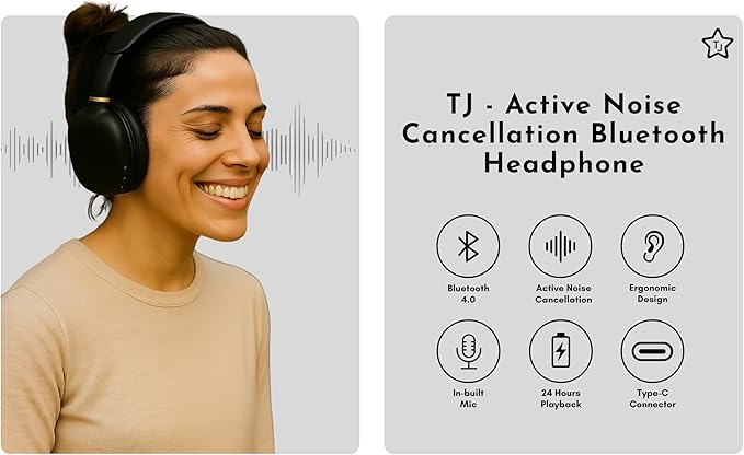 TJ Active Noise Cancellation Bluetooth Over Ear Headphones | Supersoft Leather Wireless Headset Wired Built-in MIC 24H Playtime High Res Audio Travel/Work/Students/Running/Gym(Black)