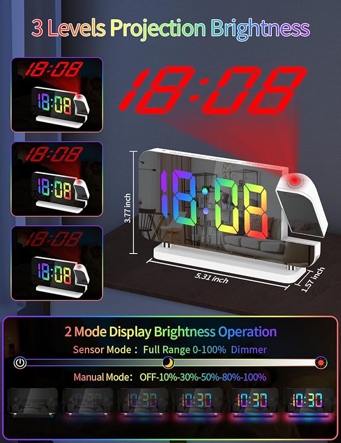 Projection Alarm Clock, Digital Colorful Clock with 180° Rotatable Projector, Mirror Clocks with RGB Night Light,Snooze,12/24H, Dual Charger Port, Auto Dimmer, LED Desk Clock for Bedroom